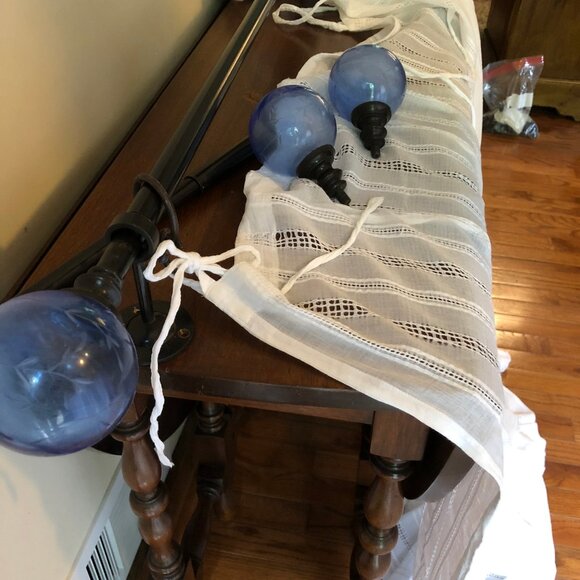2 Sets - Pottery Barn White Cotton Curtains, Rod Iron Rods, Rings & Blue Glass F - Picture 5 of 8